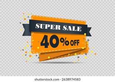 Bright banner with discount and super sale with festive orange ribbon and colorful confetti.