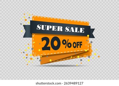 Bright banner with discount and super sale with festive orange ribbon and colorful confetti.