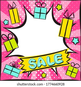 Bright banner for discounts or sales in the style of popart. Explosion and gifts on a bright pink background. Template for web design, banners, coupons, applications and posters. Vector illustration.