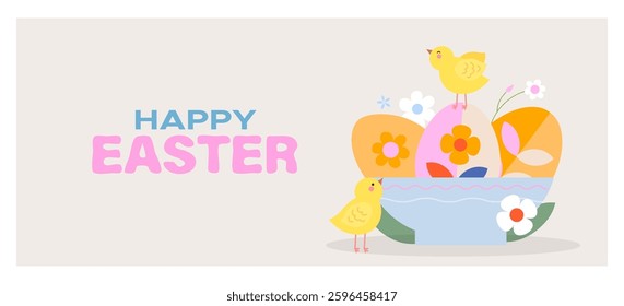 Bright banner with Easter eggs in a plate and yellow chicks. Minimalistic design for Happy Easter.