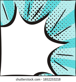 Banner brillante con marco de explosión al estilo de la pieza. Boom sobre un fondo azul brillante. Plantilla para diseño web, banners, cupones, aplicaciones y afiches. Ilustración del vector de dibujos animados. 