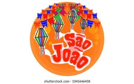 Bright banner for the Festa de Sao Joao feast with colored flags, traditional lanterns and the inscription São João