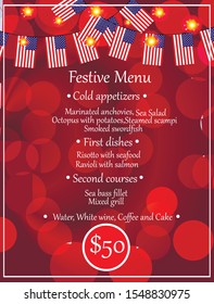 Bright banner festive menu with flags of USA. Blank with approximate menu, Festive template. Vector Illustration.