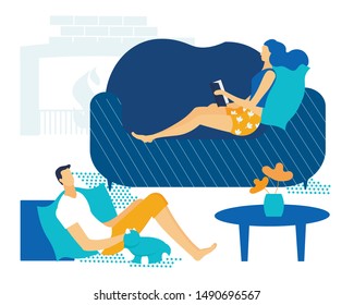 Bright Banner Free Time Couple in Love Cartoon. Man and Woman are Grateful to Each Other. Husband and Wife are Resting at Home on Sofa Separately from Each other. Vector Illustration.