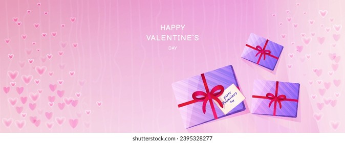 Banner brillante feliz Día de San Valentín. Borde horizontal con espacio de copia. Ilustración vectorial estilizada brillo, suave, corazones de humo, linda caja de regalo en el fondo rosado. Adecuado para encabezado de correo electrónico, publicación