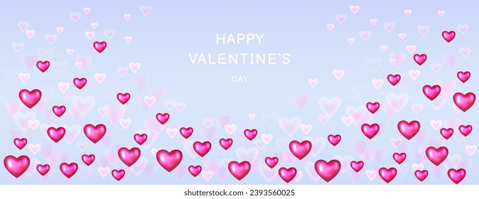 Bright banner happy Valentine’s day. Vector illustration glowing, smooth, smoke hearts with red  heart on a blue background. Horizontal border with copy space. 