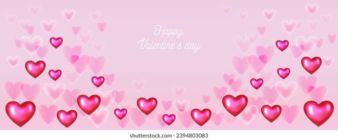 Bright banner happy Valentine’s day. Vector illustration smoke, shine, smooth heart fon. Glowing, hearts on a pink background. Horizontal border with copy space back.