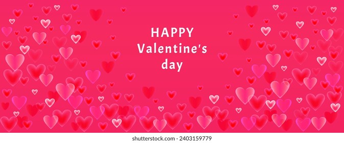 Bright banner happy Valentines day fon. Vector illustration glowing, shine, smooth, smoke hearts on a red background. Horizontal border with copy space. Suitable for email header, post in social