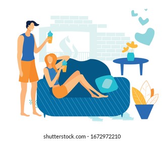 Bright Banner Husband and Wife Eat Ice Cream. Poster Man and Woman form an Opinion about Each other. Couple in Love at Home Eating Ice Cream and Resting Cartoon. Vector Illustration.