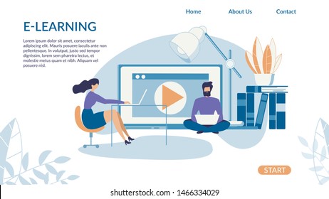 Bright Banner Inscription E-learning Cartoon. Girl Learns with Help Electronic Technology. Distance Learning at Convenient Time. Poster Guy Learns Via Internet. Vector Illustration.