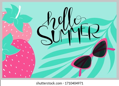 Bright banner with the inscription Hello Summer. Strawberry berries, sunglasses on a fashionable mint background. Flyer, congratulation, invitation, poster, banner, card, web.