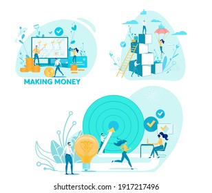 Bright Banner Inscription Making Money, Cartoon. Man Stands next to Large Stand and Explains Diagram how make Money. Man Stacks Gold Coins. Girl Flies on Parachute. Vector Illustration.