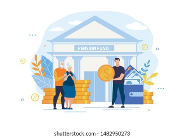 Bright Banner Inscription Pension Fund Cartoon. Long-term Capital Investment. Elderly Husband and Wife are Standing Near Bank and Gold Coins, Guy is Offering Gold Coin. Vector Illustration.