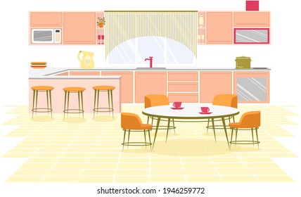 Bright Banner Interior Spacious Modern Kitchen. Large Room with Kitchen Furniture. Opposite Window there Sink With Tap. Table Top Kitchen Utensils. Middle Kitchen there is Round Table and Chairs.