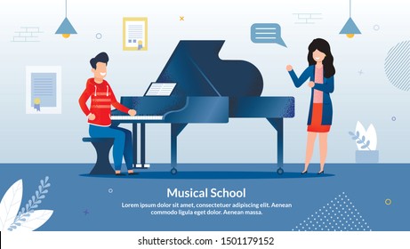 Bright Banner Invitation Written Music School. Development Musical Abilities and Search for Hidden Talent. Girl Stands at Piano and Teaches Guy Sitting at an Instrument. Vector Illustration.