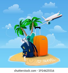 Bright banner with luggage, plane, island, map and beletes. Travel around the world. Vector illustration 