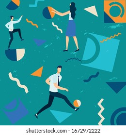Bright Banner Marketing Success Cartoon Flat. Achieving Results in Team to Improve Company Performance. Men and Woman are Playing with Geometric Patterns Cartoon. Vector Illustration.