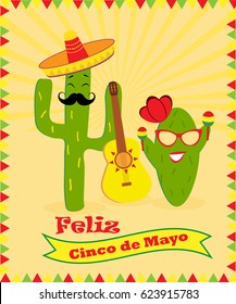 Bright banner with merry cacti and text for Cinco de Mayo day