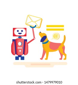 Bright Banner Modern Delivery Correspondence. E-mail Marketing Effectively Attracts to Perform Necessary Actions. Dog is Looking at Robot who Smiles and Holds Letter. Vector Illustration.