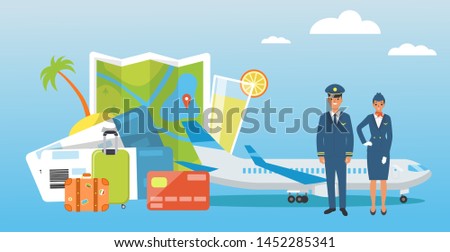 Bright banner on the theme of travel and flights. A set of elements: luggage, tickets, plane, flight attendant, pilot.