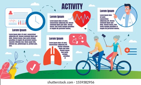 Bright Banner Physical Activity People in Old Age. Elderly Couple Rides Tandem Bicycle Together. Woman Taking Selfie On Bike Ride. Doctor Makes Recommendations For Healthy Lifestyle. 