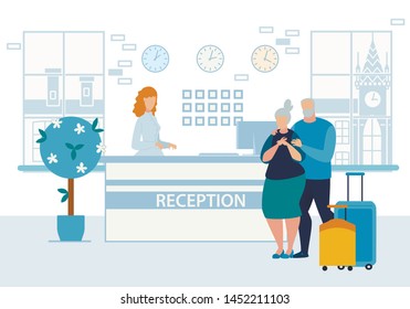 Bright Banner Reception Service Cartoon Flat. Husband and Wife are with Luggage on Site. Check in at Hotel Reception. Flyer Confirmation Reservation and Accommodation in Apartment.