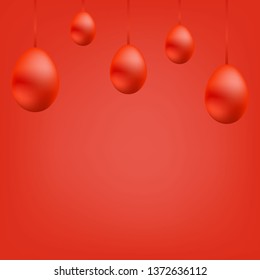 Bright banner of red hanging eggs on the tape on red background. Red balls. 
Christmas card.Copy space.Vector illustration.