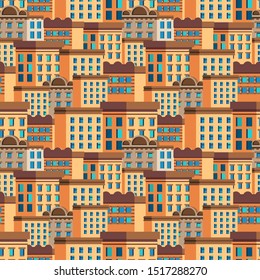 Bright banner seamless pattern hand-drawn houses. Seamless pattern for printing onto fabric wrapping paper. To design site. Doodle beautiful interesting houses various shapes. Vector illustration.