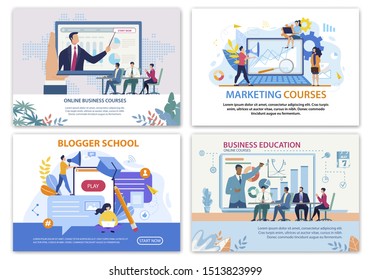 Bright Banner Set Online Business Courses Flat. Poster Marketing Courses. Blogger School. Business Education. Men and Women Learn Business Skills and Practical Techniques Online Cartoon.