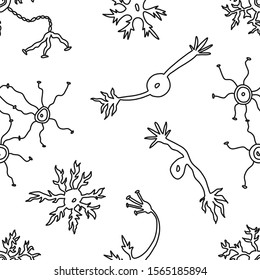 Bright banner sketch neuron chaos, art style. Variety small cells nervous system, transmitting electrical impulse increased scientific research innovation. Drawing seamless cartoon design.