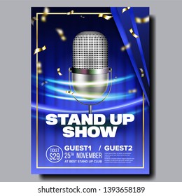 Bright Banner Of Stand Up Show In Club Vector. Silver Vintage Microphone, Speed Movement Lights And Golden Confetti On Blue Curtain Background Styling Banner. Amusing Concert Realistic 3d Illustration