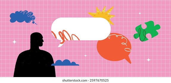 A bright banner with a stylized human and profile and empty speech bubbles and puzzle pieces next to it. A layout for research, thoughts, and announcements on social media, presentations.