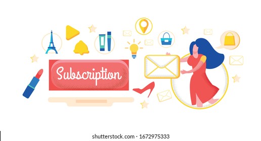 Bright Banner Subscription to Updates Cartoon. Bright Design for Letters with Catalog from Online Stores. Girl Happily Receives Internet Catalogs by Mail. Sales Letter for Direct Sale.