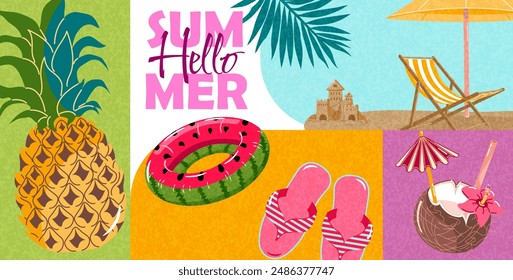 Bright banner with summer elements. Summer background, pineapple, beach, cocktail in coconut, slates, watermelon pool float.