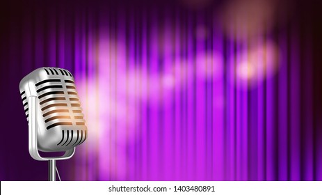 Bright Banner Template Of Music Concert Vector. Silver Steel Vintage Microphone Isolated On Purple Curtains Background Retro Concert Announcement Poster. Colorful Realistic 3d Illustration