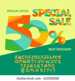 Banner brillante con texto 50% Venta especial. Conjunto vectorial de letras, números y símbolos coloridos