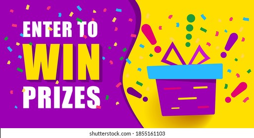 Bright banner with text, enter to win prizes. gift box on yellow background and exclamation marks. Fireworks or confetti around. Vector banner in modern flat style 