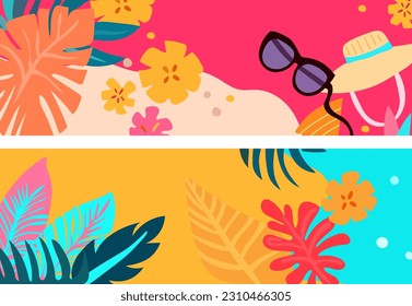 Bright banner with tropical leaves, bright flowers, glasses. Relaxation concept. Colorful poster designs are ideal for advertising, banners, websites, posters. Vector graphics.