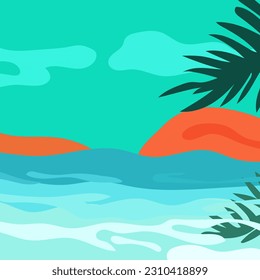 Bright banner with tropical leaves on the background of the sea. The concept of relaxation. Templates are perfect for ads, banners, websites, posters. Vector graphics.