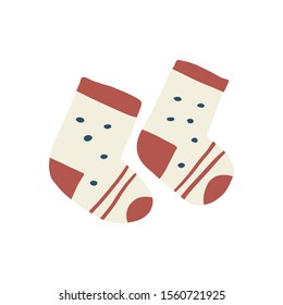 Bright banner warm little colorful socks couple. Winter accessories warming feet child, beige base red heel toe stripes, dots black. Drawing art style, rough line drawing.
