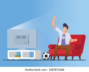 Bright Banner Watching Football Match Cartoon. Watching Match Home Entertainment Tradition. Guy is Sitting at Home Armchair Near Tv and Actively Supports Football Team. Vector Illustration.