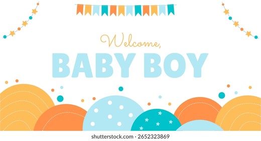 Bright banner for a welcome party for a baby's birthday with garlands