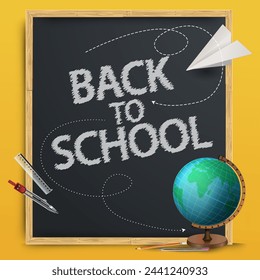 A bright banner. The words from the title Back to School with realistic school subjects: pencils, a globe, a paper airplane, an alarm clock on a textured vector background. illustrations