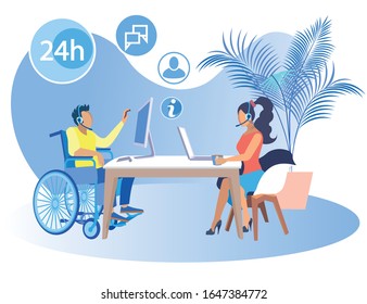 Bright Banner Work for Disabled Person Call Center. Professional Works Well in Team. Guy in Wheelchair Working in Office with Girl Sitting at Same Table, Flat. Vector Illustration.