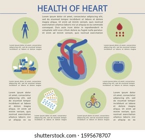 Bright Banner Written Health of Heart, Infographic. In Center is Heart with Arteries Blue and Red. Heart Health Depends on Healthy Diet. Heart Support with Pharmaceuticals, Cartoon.