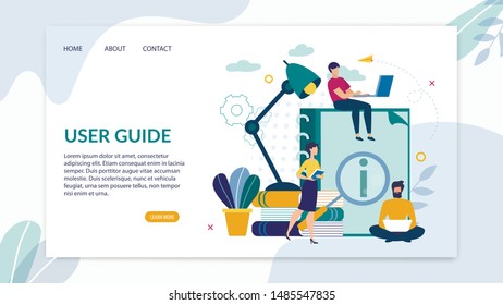Bright Banner is Written User Guide Cartoon Flat. Flyer Attracting Best People Through Corporate Courses or Sports. Guy Sits with Laptop on Top Large Folder, Near People and Table Lamp.