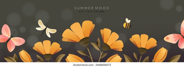 Bright banner with yellow flowers, butterflies, bee and dragonfly.   Yellowbuds, bright butterflies, horizontal vintage background. Summer illustration for banner, poster, advertising or flyer.