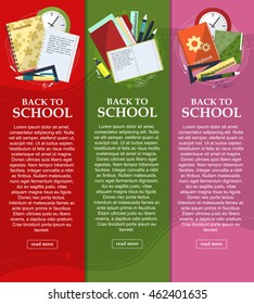 Bright banners back to school with folders, books and notebooks with place for your text. Vector illustration