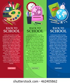 Bright banners back to school with schoolbag, globe, books and stationery with place for your text. Vector illustration