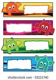 bright banners with cute devil characters and text boxes